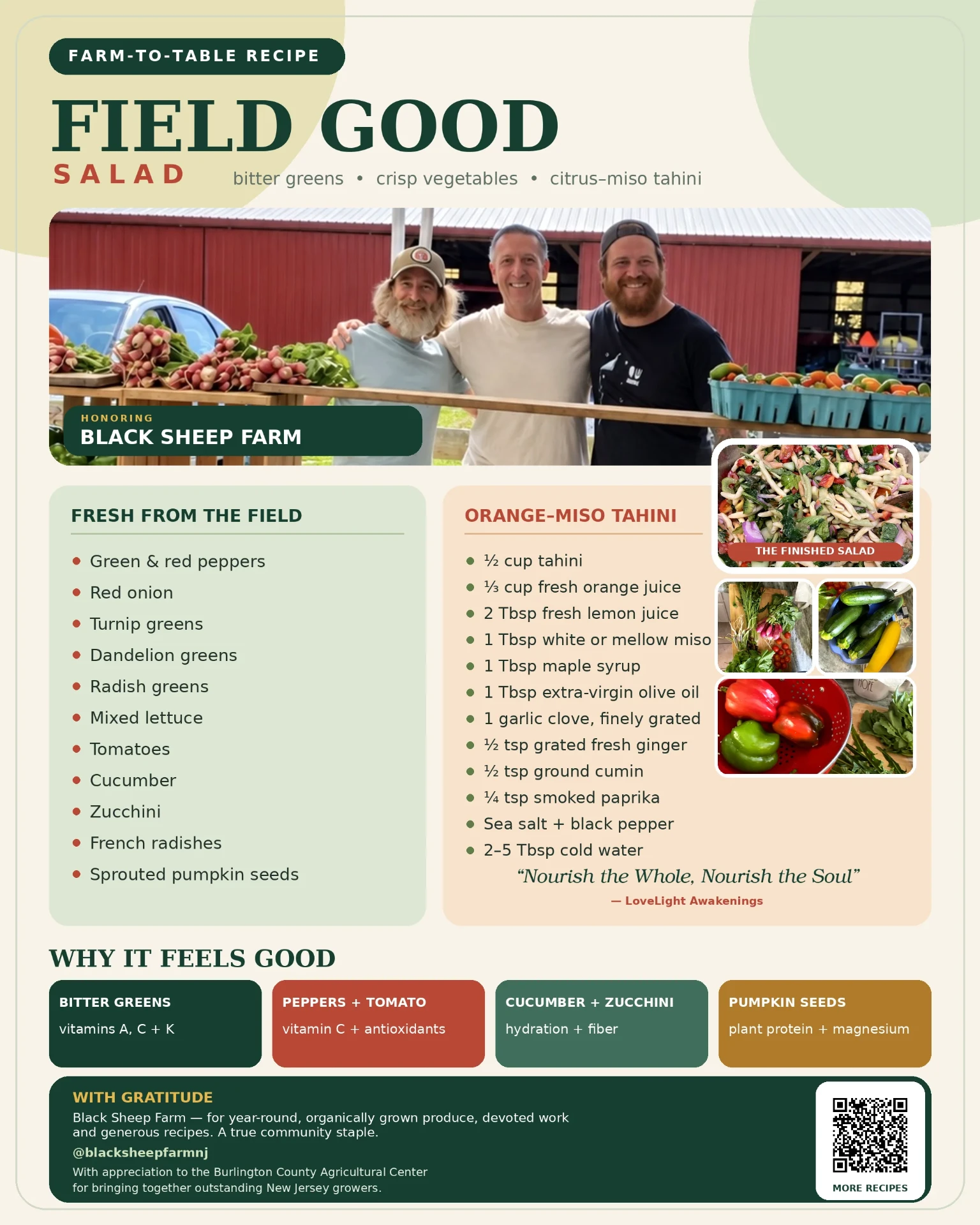 Field Good Salad recipe graphic honoring Black Sheep Farm, with three people at the farm stand, the finished salad, produce photos, ingredients and dressing