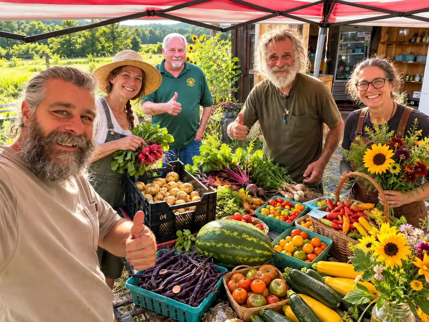 Five smiling adults gathered around a colorful harvest table beneath a red-and-white canopy
