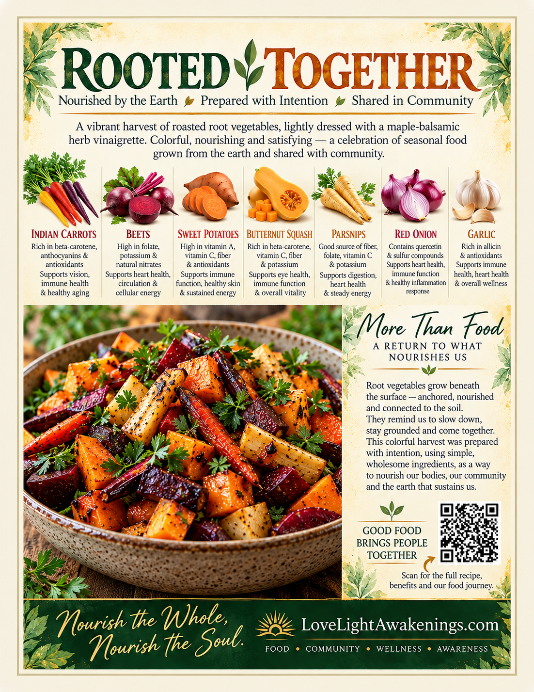 Rooted Together recipe graphic: a bowl of roasted carrots, beets, sweet potatoes, squash and parsnips with ingredient illustrations