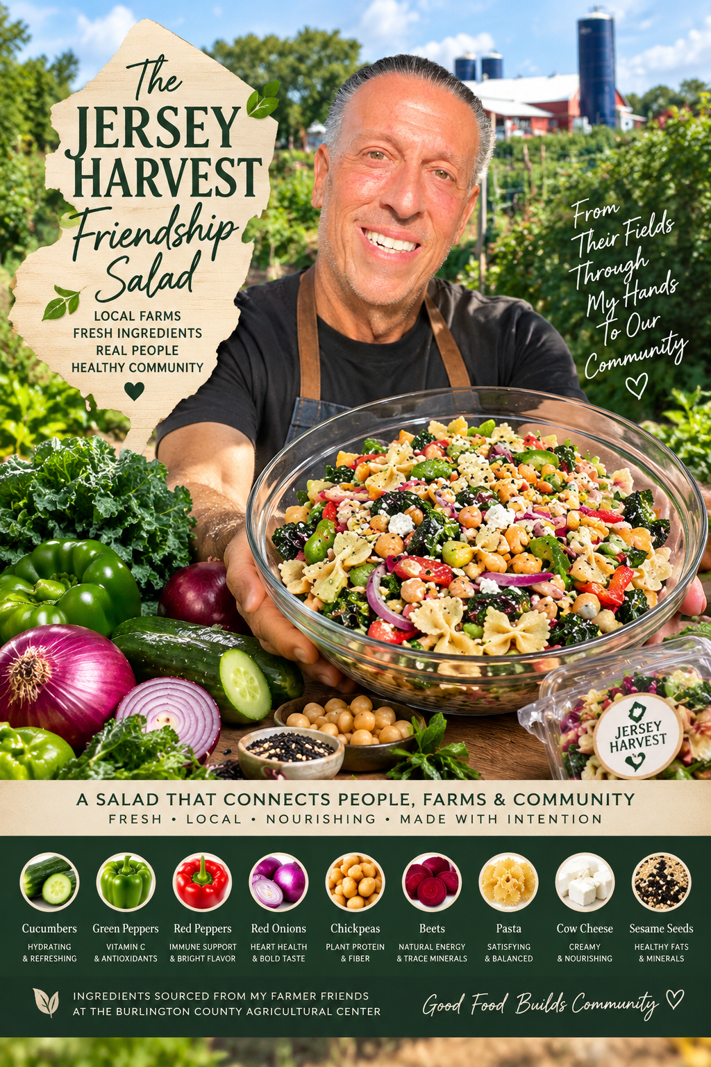 Anthony holding a large glass bowl of The Jersey Harvest Friendship Salad in front of farm fields, with its ingredients pictured below