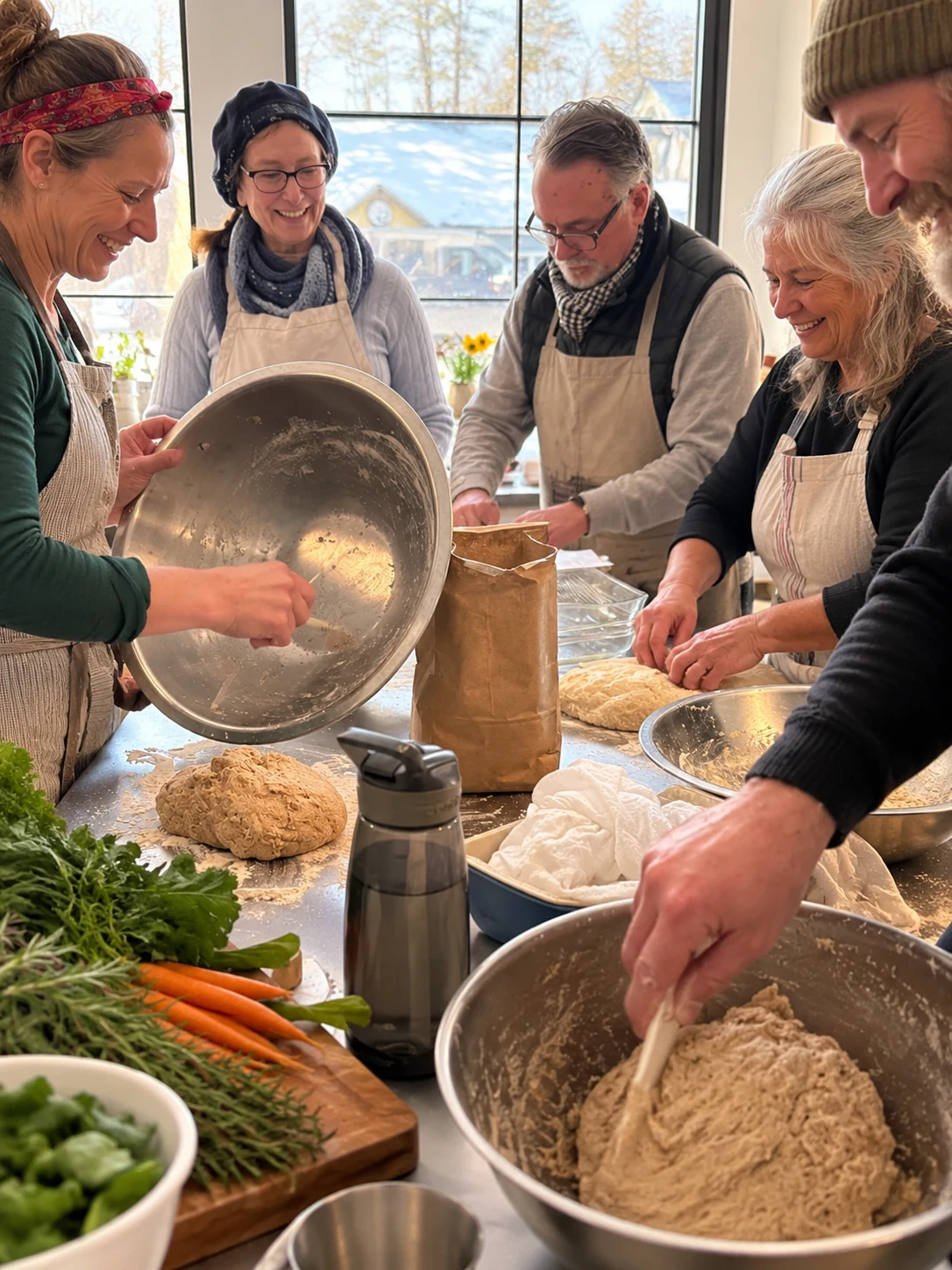 Adults mixing and kneading bread dough together around a kitchen table