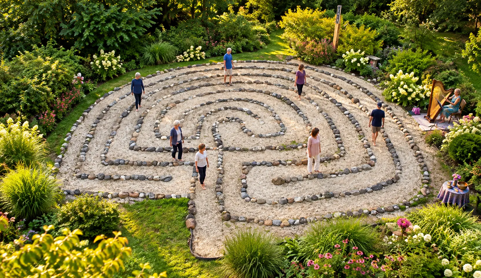 The stone-lined outdoor labyrinth at Unity of Sussex County surrounded by gardens, with people walking its path
