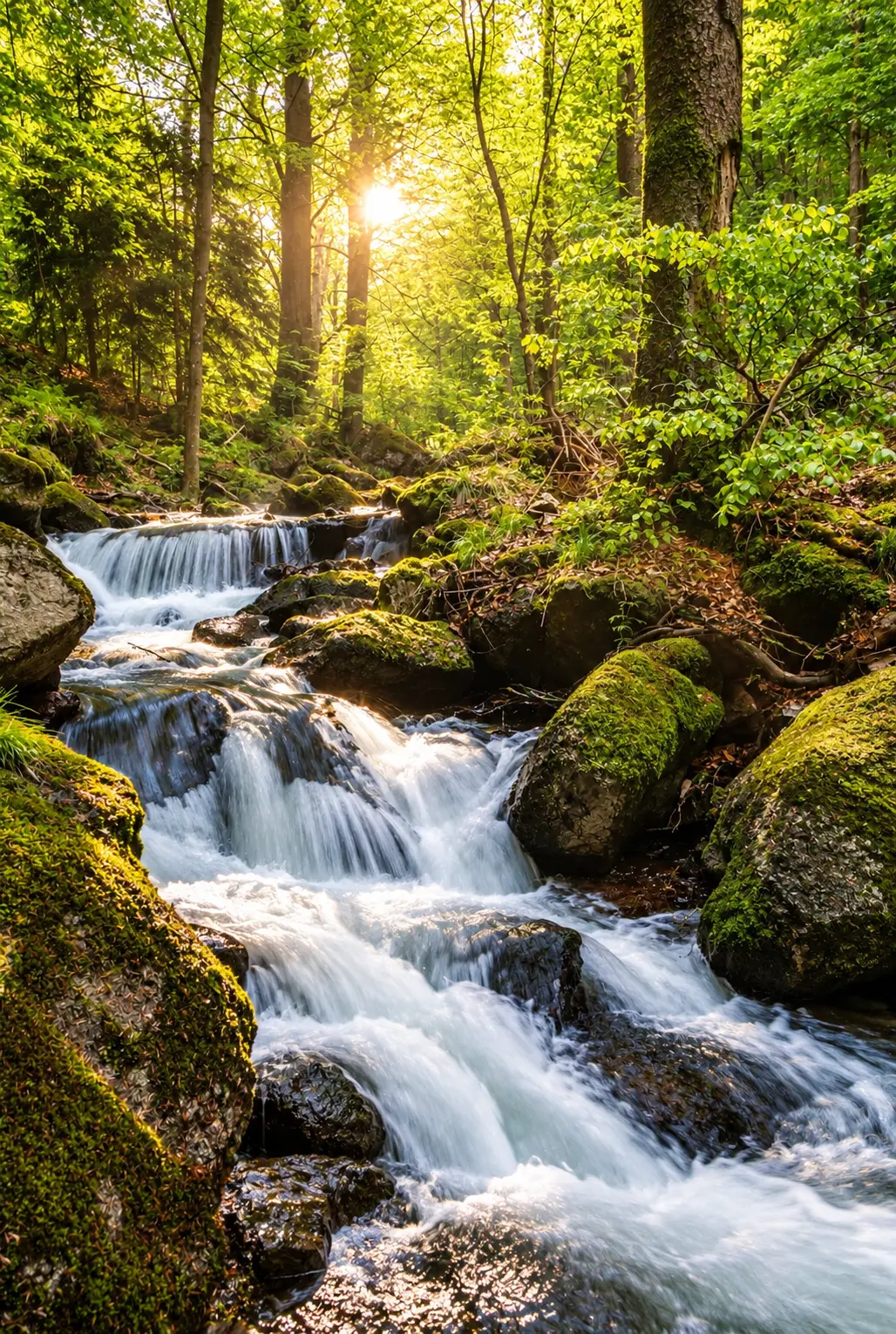 A woodland stream flowing over mossy stones beneath sunlit trees